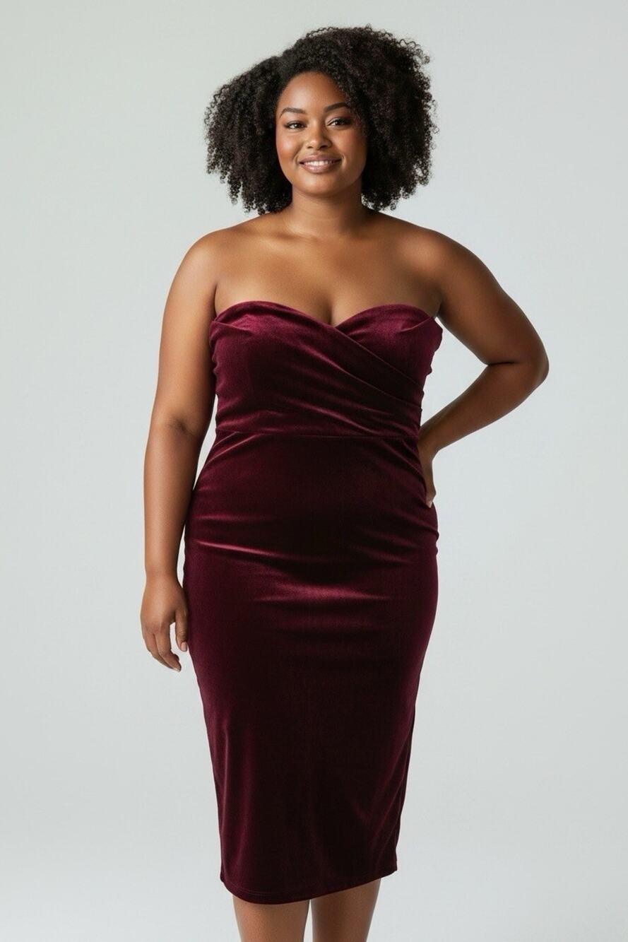Express Velvet Strapless Midi Dress Burgundy Draped Sweetheart Cocktail Size XL